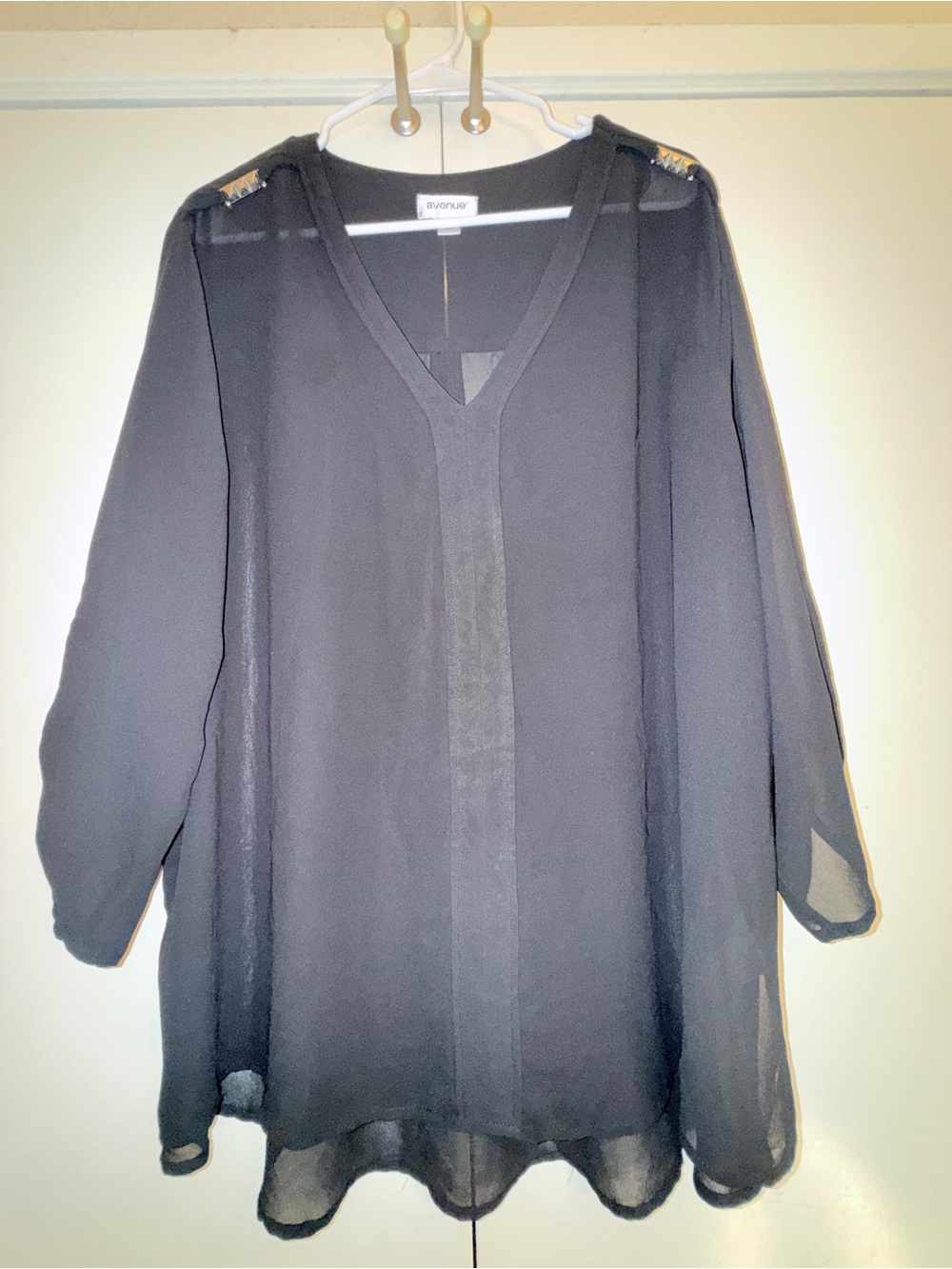 Avenue Black Sheer V-Neck Tunic with Shoulder Embellishments